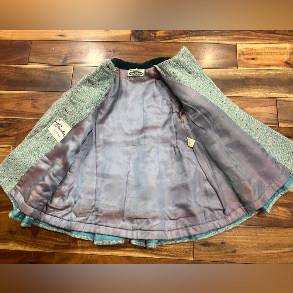 Bambury Original Vintage 50s 60s Wool Tweed Swing Coat Green Velvet Toddler Kids - Picture 4 of 15